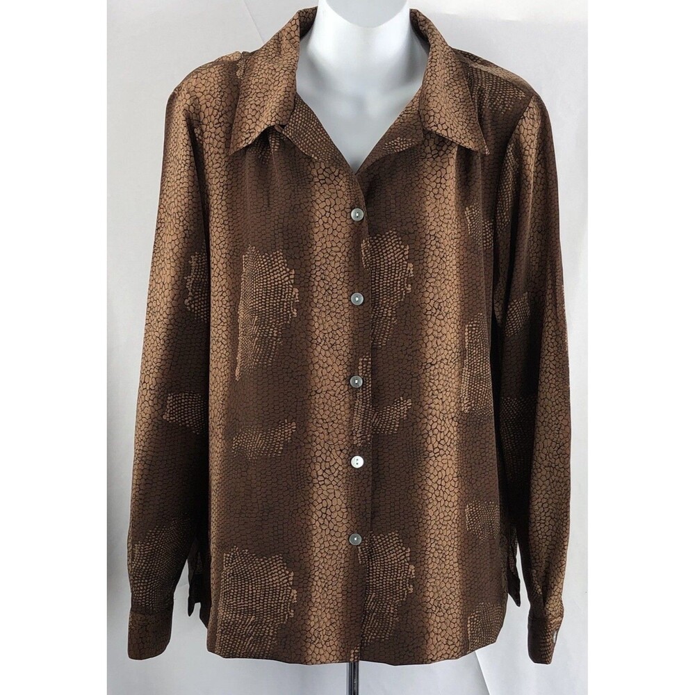 Vintage Resume Top Blouse L Brown Geo ButtonUp LongSleeve Retro 70s Boho Career